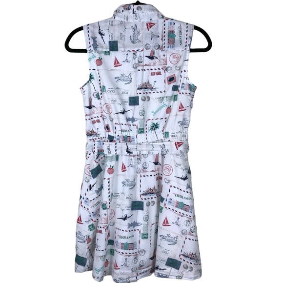 Crewcuts Factory Girls Size 14 Multicolor Waist Tie Postcard Print Shirt Dress - Picture 2 of 12